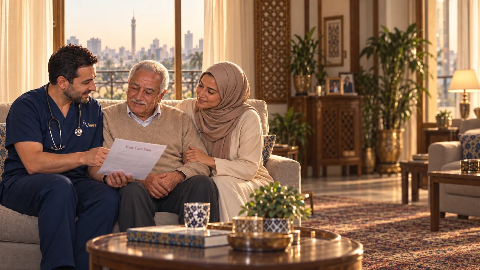 طبيب من أنيس يناقش خطة الرعاية مع رجل مسن وابنته في راحة منزلهما.