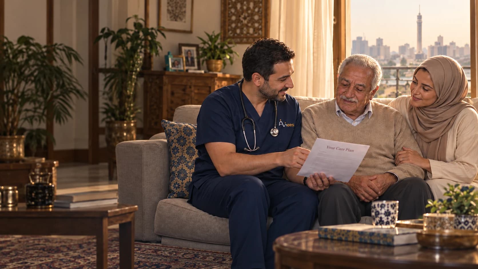 An Anees doctor discusses a care plan with an older man and his daughter at home.