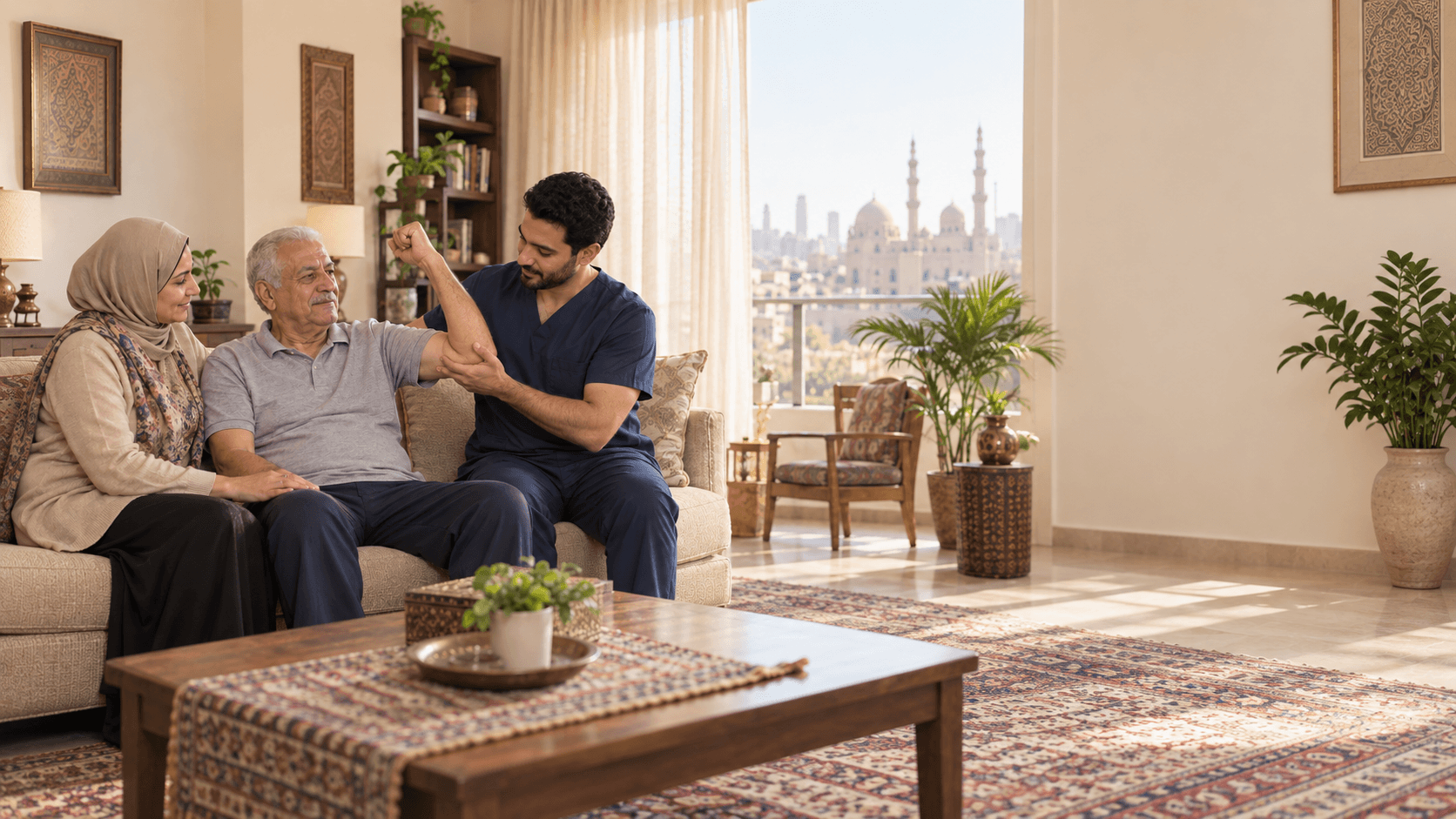 Illustrative scene of a physiotherapist supporting an older adult's arm movement at home, with a family member nearby.